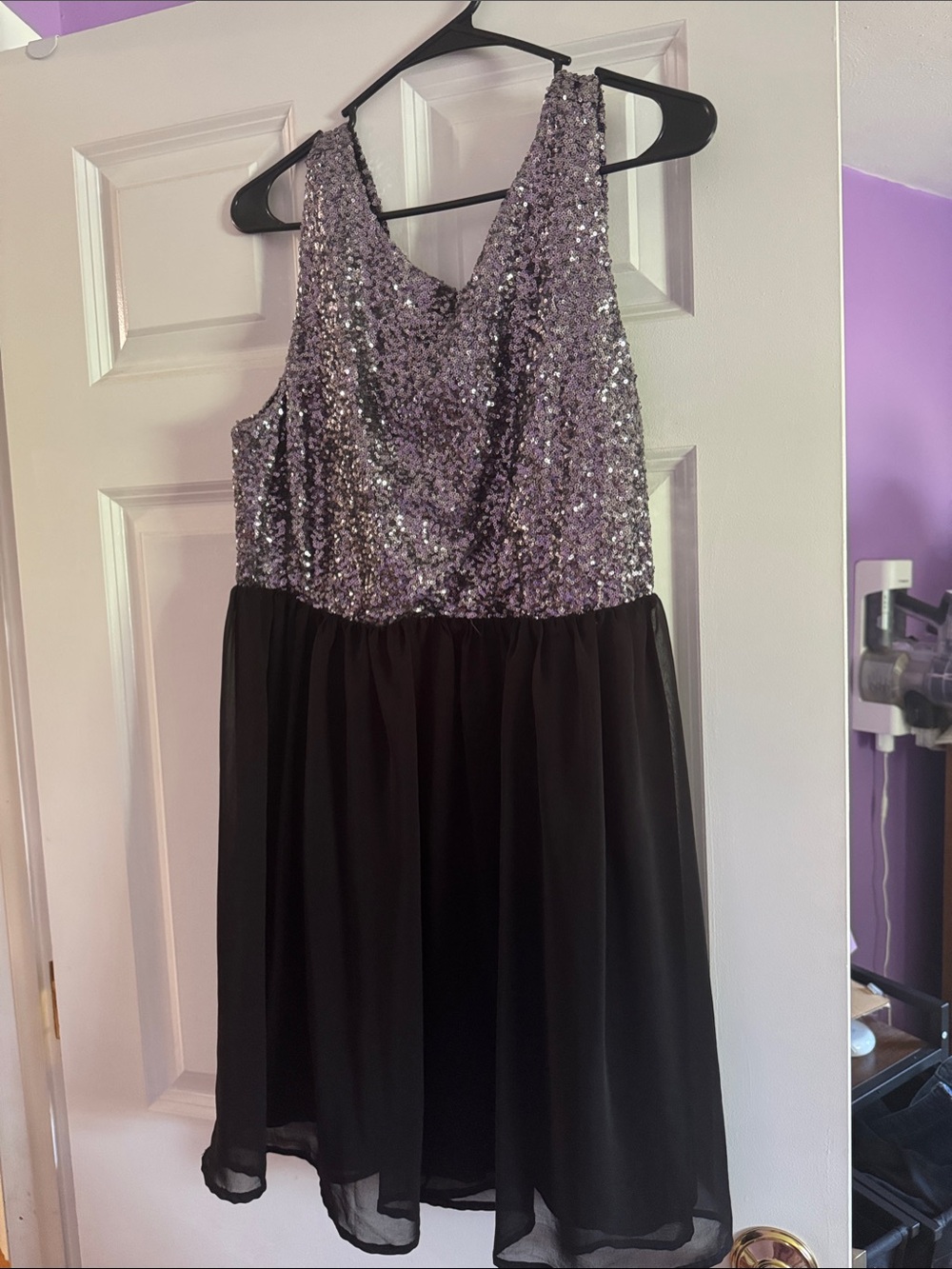 Pinky Lavender Sequin Bodice Black Chiffon Mini Dress